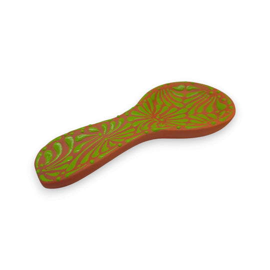 Colorful Talavera Spoon Rest | Handmade Mexican Barro Holder - hand-painted terracotta spoon rest with green floral Talavera design