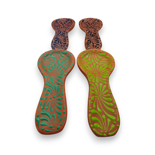 Colorful Talavera Spoon Rest | Handmade Mexican Barro Holder - pair of hand-painted floral barro spoon rests in green and teal