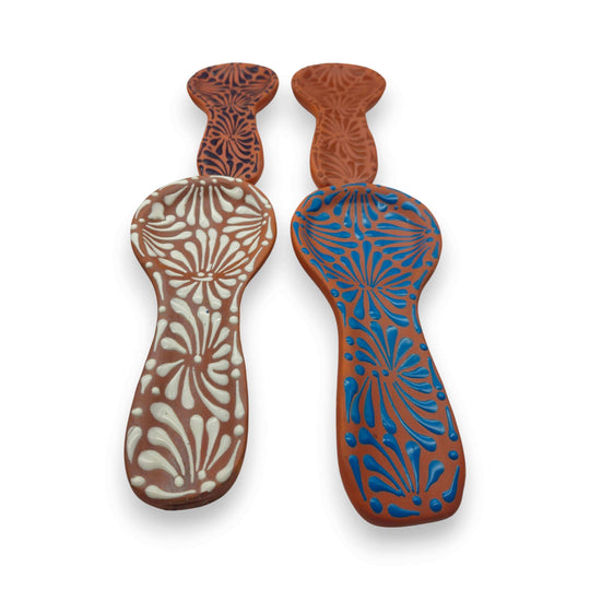 Colorful Talavera Spoon Rest | Handmade Mexican Barro Holder - hand-painted floral clay spoon rests in blue, white, green and terracotta tones