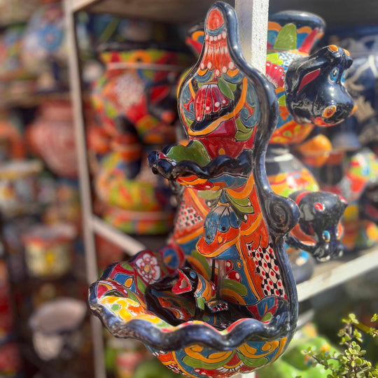 Handmade Mexican Talavera Wall Fountain | Authentic Art Decor (Large) colorful hand-painted Talavera ceramic wall fountain on display