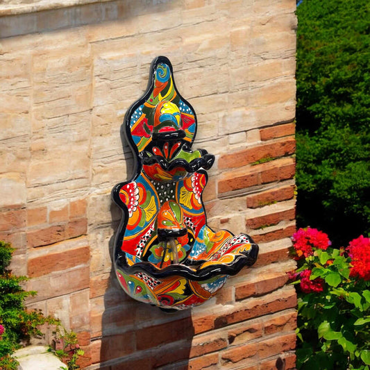 Handmade Mexican Talavera Wall Fountain | Authentic Art Decor (Large) vibrant hand-painted ceramic wall fountain mounted on brick