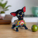 Talavera Chihuahua Statue | Sad Handmade Mexican Dog glossy black hand-painted Talavera chihuahua with colorful floral patterns