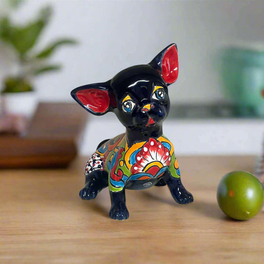 Talavera Chihuahua Statue | Sad Handmade Mexican Dog glossy black hand-painted Talavera chihuahua with colorful floral patterns