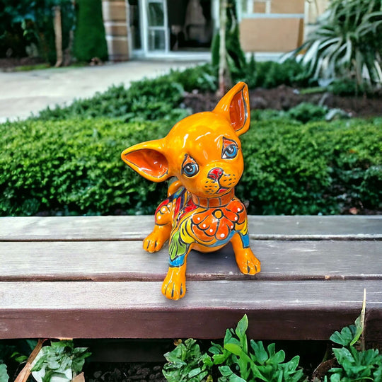 Talavera Chihuahua Statue | Sad Handmade Mexican Dog glossy hand-painted orange chihuahua with floral patterns, handmade in Guanajuato, Mexico