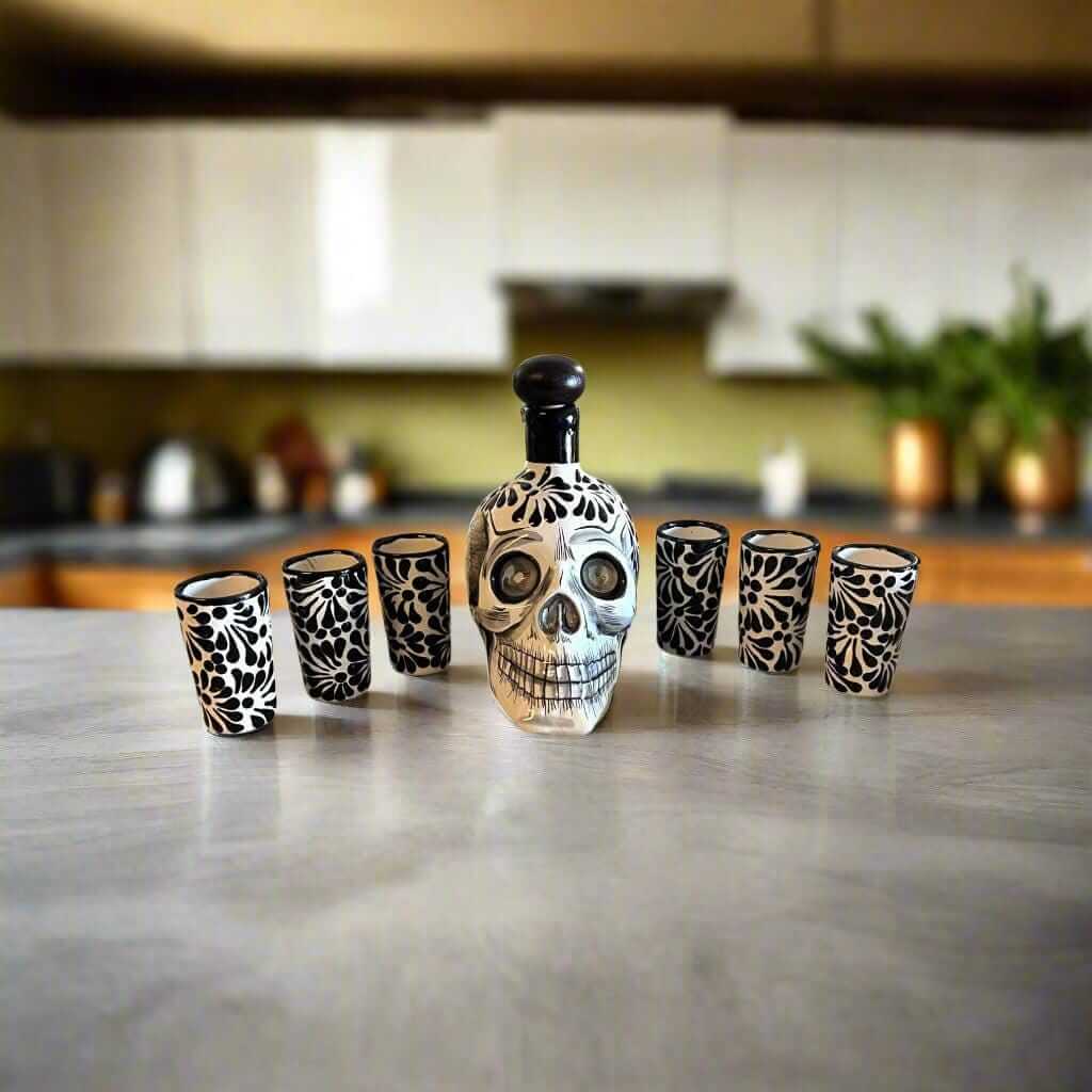 Handmade Skull Decanter Set | Black & White Mexican Barware — hand-blown skull decanter with six matching black and white shot glasses on kitchen counter