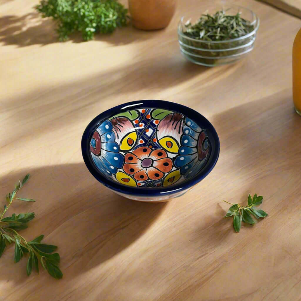 Small Talavera Salsa Bowl | Handmade Mexican Sauce Dish - hand-painted cobalt rim petite three-legged Talavera salsa bowl