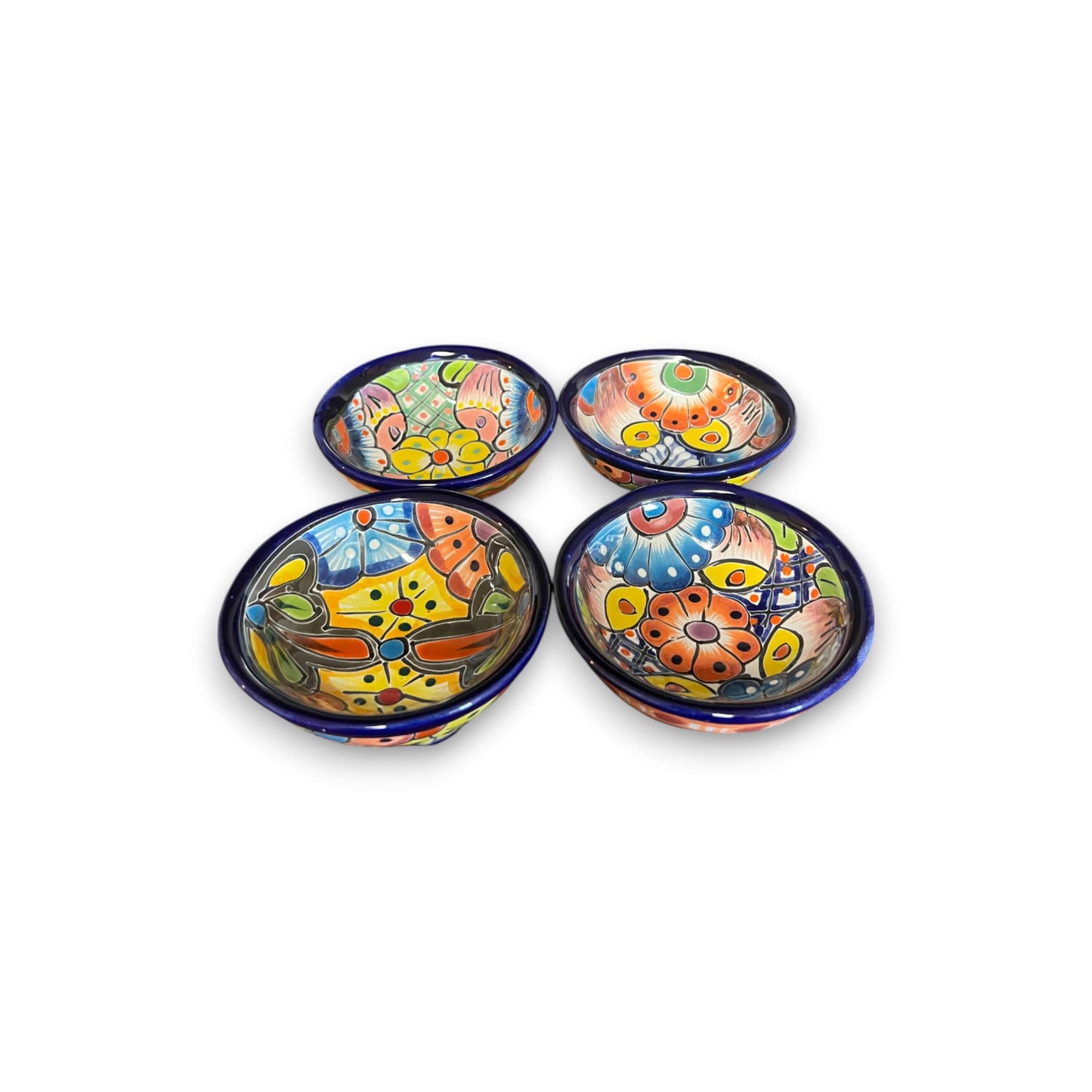 Small Talavera Salsa Bowl | Handmade Mexican Sauce Dish - set of four hand-painted three-legged Talavera salsa bowls with cobalt rim