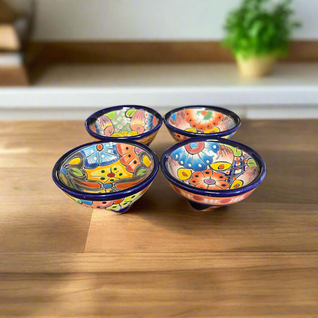 Small Talavera Salsa Bowl | Handmade Mexican Sauce Dish - set of four hand-painted three-legged Talavera salsa bowls with cobalt rim