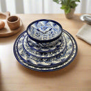 Talavera Dinnerware Set | 20-Piece Blue & White Tableware for 4 – handcrafted blue and white Talavera stack on wooden table, hand-painted patterns, lead-free glaze