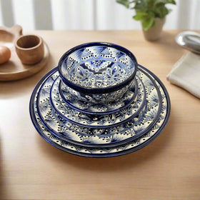 Talavera Dinnerware Set | 20-Piece Blue & White Tableware for 4 – handcrafted blue and white Talavera stack on wooden table, hand-painted patterns, lead-free glaze