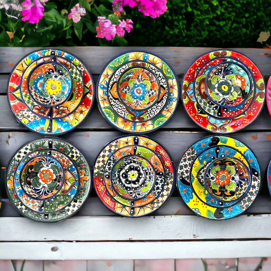 20-Piece Talavera Dinnerware Set | Handmade Floral Tableware (Seats 6) vibrant hand-painted Mexican Talavera plates on wooden table, floral patterns
