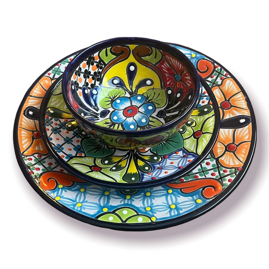 20-Piece Talavera Dinnerware Set | Handmade Floral Tableware (Seats 6) - hand-painted Talavera 3-piece place setting with vibrant floral plates and bowl