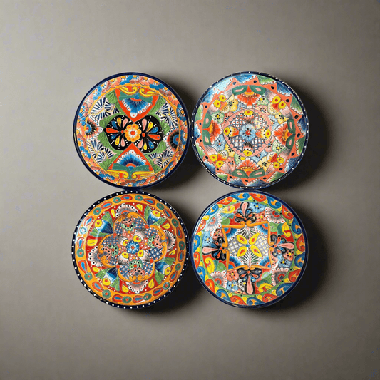 Handmade Talavera 24-Piece Dinnerware Set | Mexican Pottery for 6 - four hand-painted colorful Talavera salad plates arranged