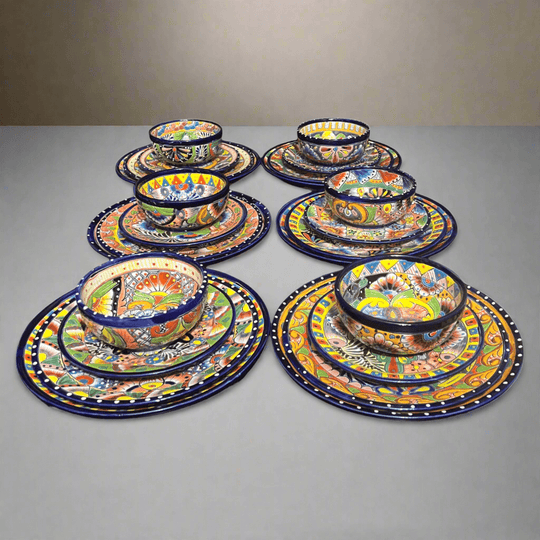 Handmade Talavera 24-Piece Dinnerware Set | Mexican Pottery for 6 - hand-painted vibrant Talavera plates and bowls