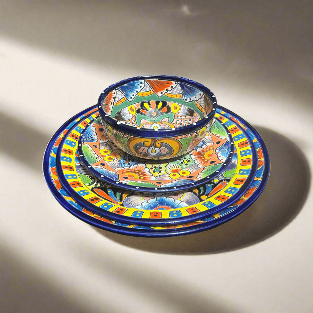 Handmade Talavera 24-Piece Dinnerware Set | Mexican Pottery for 6 - colorful hand-painted bowls and plates from Guanajuato