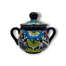 Vibrant 3-Piece Talavera Coffee Set | Handmade Mexican Pottery - hand-painted sugar jar with lid, blue floral Talavera pottery, Guanajuato artisanal