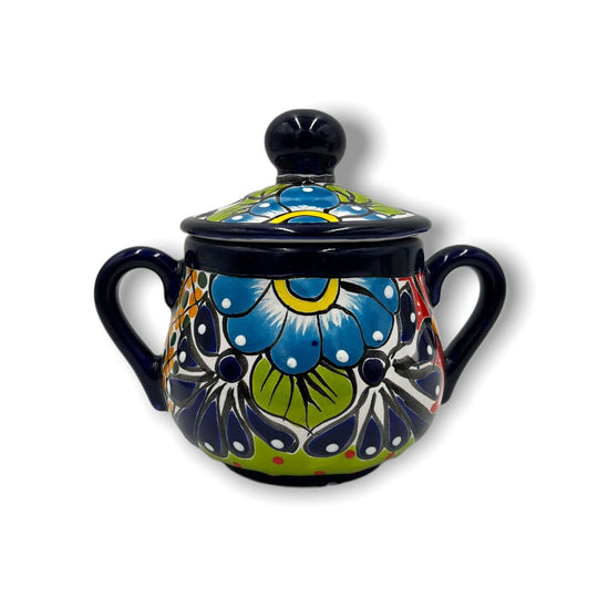 Vibrant 3-Piece Talavera Coffee Set | Handmade Mexican Pottery - hand-painted sugar jar with lid, blue floral Talavera pottery, Guanajuato artisanal