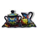 Vibrant 3-Piece Talavera Coffee Set | Handmade Mexican Pottery - hand-painted sugar bowl, creamer and tray with colorful Talavera floral design