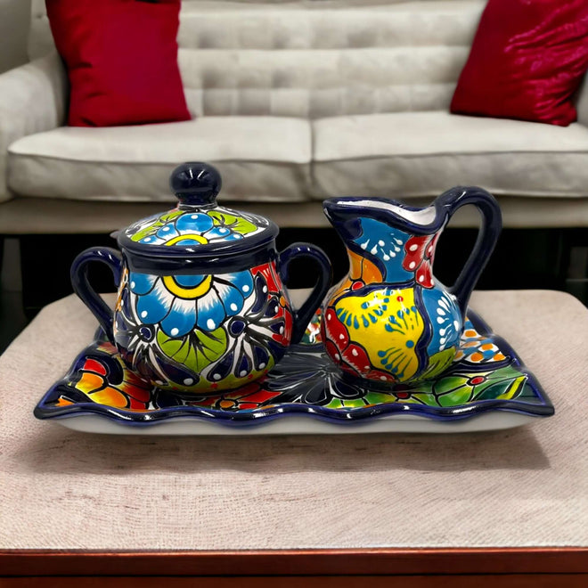 Vibrant 3-Piece Talavera Coffee Set | Handmade Mexican Pottery on decorative tray with colorful hand-painted floral design