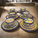 30-Piece Talavera Dinnerware Set | Colorful Tableware (Seats 6) - hand-painted Mexican Talavera plates and bowls, vibrant blue, yellow, orange designs, seats 6