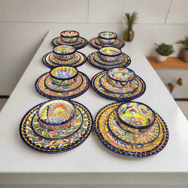 Handcrafted place settings displayed: Handmade Talavera 32-Piece Dinnerware Set | Mexican Pottery for 8 with vibrant hand-painted plates and bowls