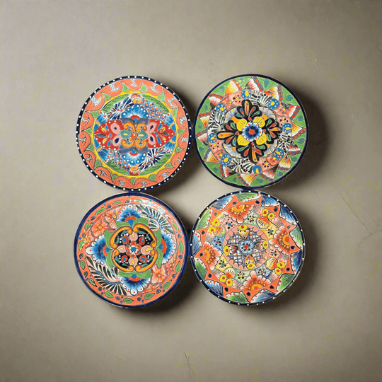 Handmade Talavera 32-Piece Dinnerware Set | Mexican Pottery for 8 — four colorful hand-painted Talavera salad plates from Guanajuato, Mexico