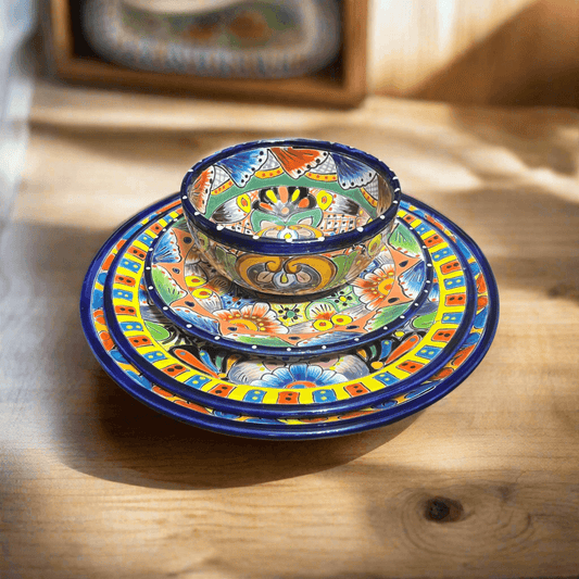 Handmade Talavera 32-Piece Dinnerware Set | Mexican Pottery for 8 – vibrant hand-painted bowl and plates with blue, yellow, orange floral design