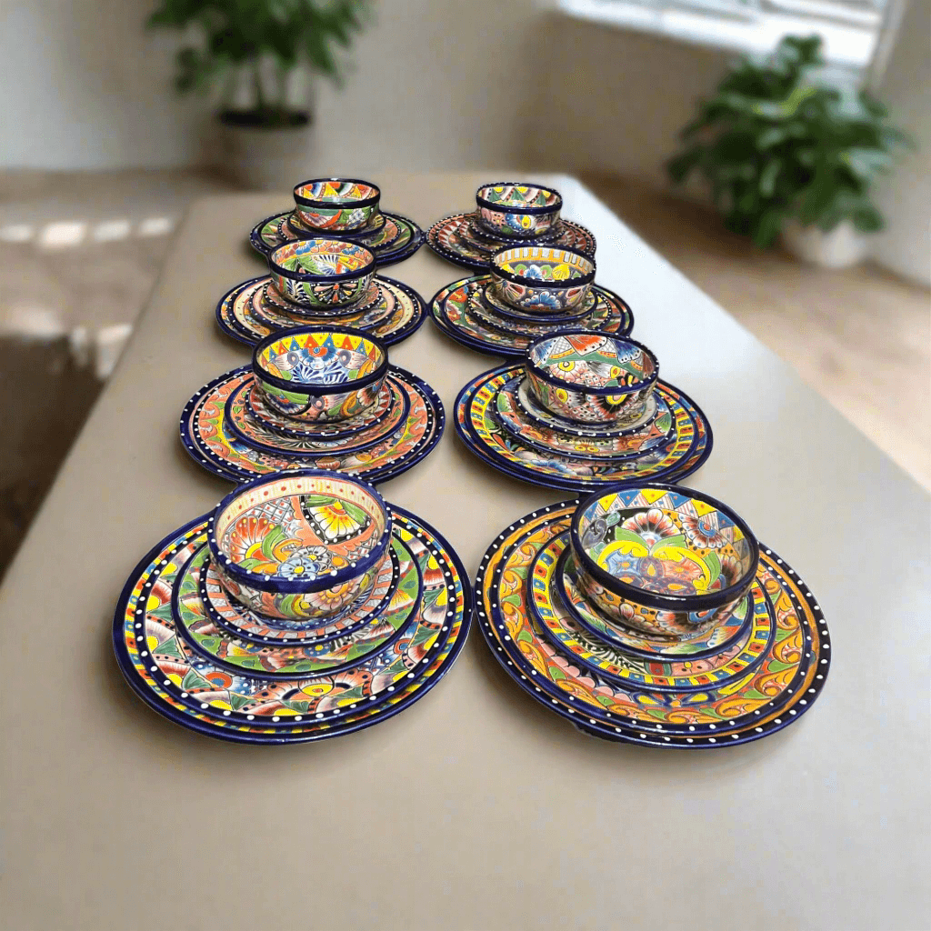 40-Piece Talavera Dinnerware Set | Colorful Tableware for 8 - handmade hand-painted Talavera plates and bowls on table
