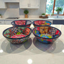 7.5" Talavera Soup Bowl | Handmade Mexican Dinnerware - set of four hand-painted colorful Talavera soup bowls on kitchen counter