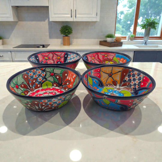 7.5" Talavera Soup Bowl | Handmade Mexican Dinnerware - set of four hand-painted colorful Talavera soup bowls on kitchen counter