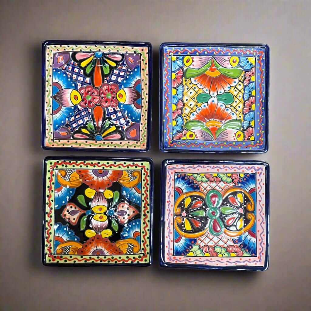 8" Square Talavera Plate | Colorful Mexican Handmade Dish - set of four hand-painted square Talavera plates with bold floral and geometric patterns