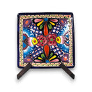 8" Square Talavera Plate | Colorful Mexican Handmade Dish — hand-painted cobalt blue yellow red floral geometric square plate from Guanajuato