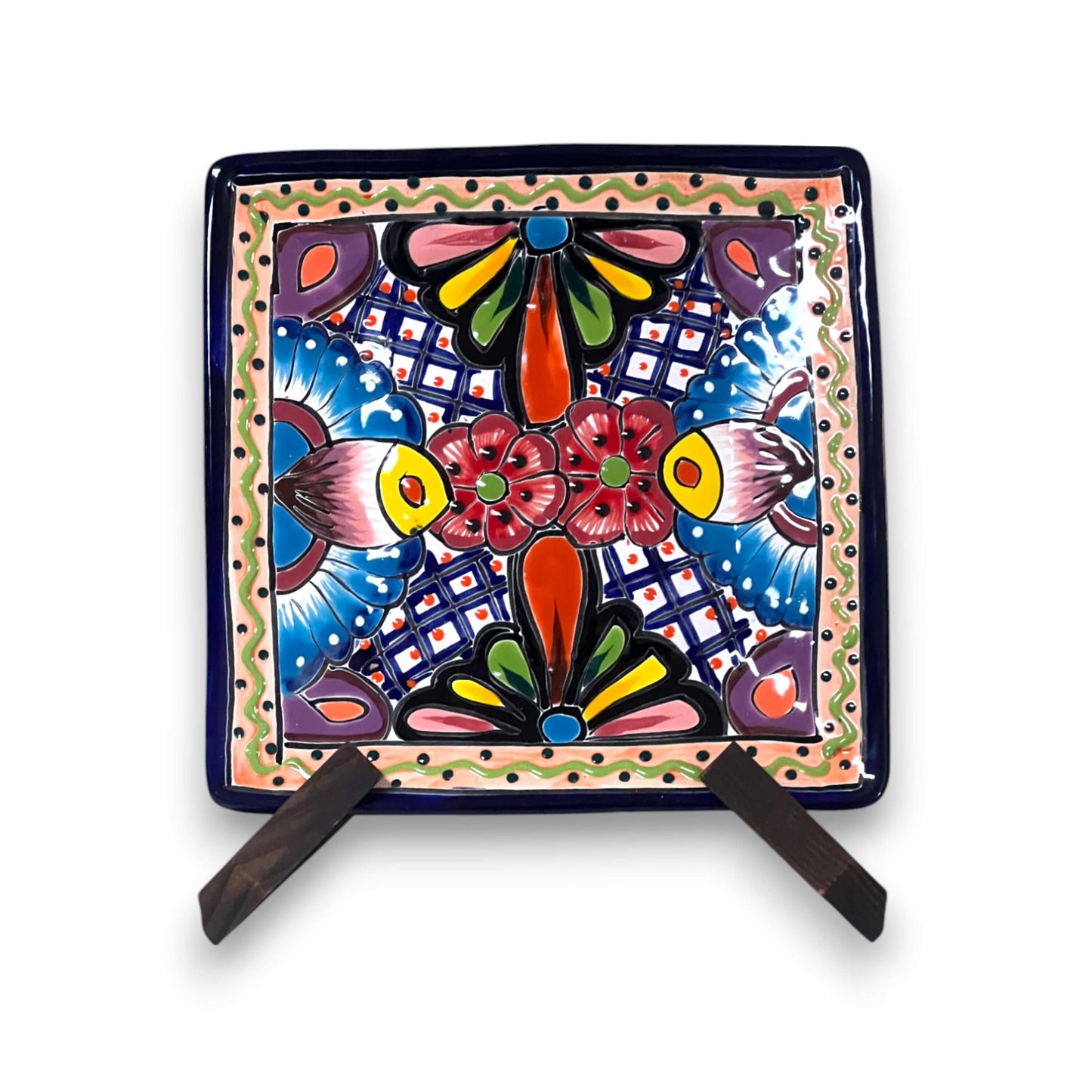 8" Square Talavera Plate | Colorful Mexican Handmade Dish — hand-painted cobalt blue yellow red floral geometric square plate from Guanajuato
