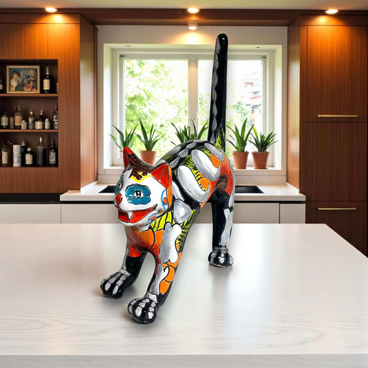 Handmade Talavera Arched Cat Statue | Day of the Dead Ceramic Cat Art — hand-painted Talavera Day of the Dead ceramic cat sculpture
