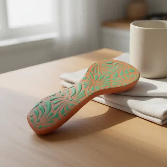 Colorful Talavera Spoon Rest | Handmade Mexican Barro Holder - hand-painted floral barro spoon rest in blue, green, white and terracotta tones