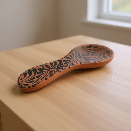 Colorful Talavera Spoon Rest | Handmade Mexican Barro Holder with hand-painted blue and terracotta floral pattern on wooden countertop