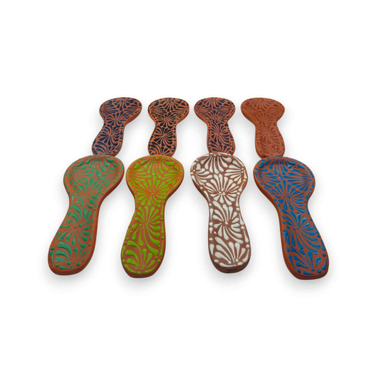 Colorful Talavera Spoon Rest | Handmade Mexican Barro Holder - hand-painted floral spoon rests in blue green white terracotta