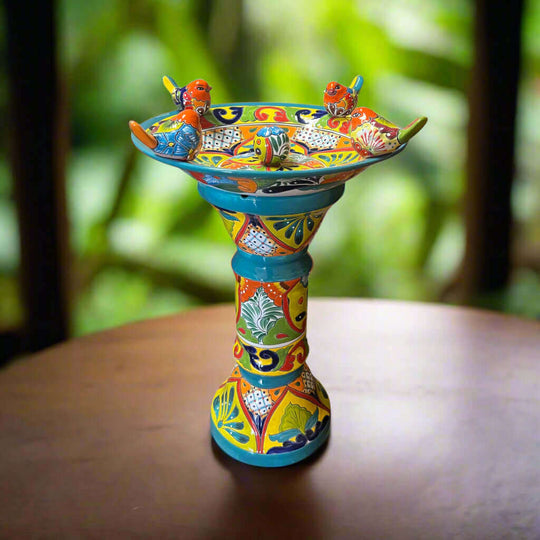 Handmade Talavera Bird Bath Fountain | Mexican Ceramic Art - hand-painted cobalt blue ceramic bird bath on pedestal