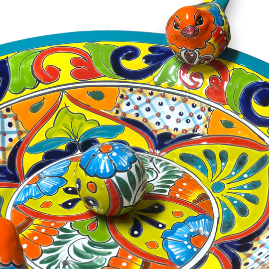Handmade Talavera Bird Bath Fountain | Mexican Ceramic Art - vibrant hand-painted cobalt blue and multicolor ceramic bird bath