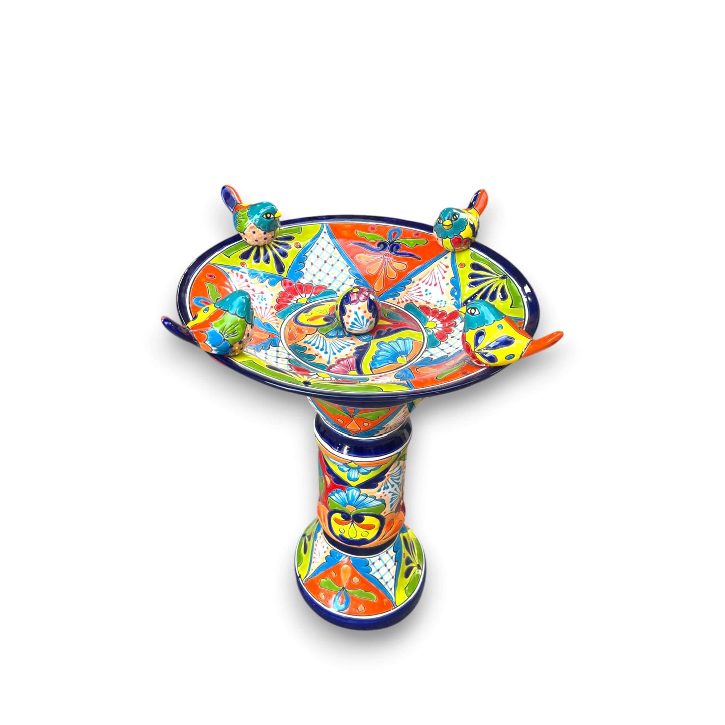 Handmade Talavera Bird Bath Fountain | Mexican Ceramic Art - cobalt blue hand-painted ceramic bird bath with colorful folk motifs
