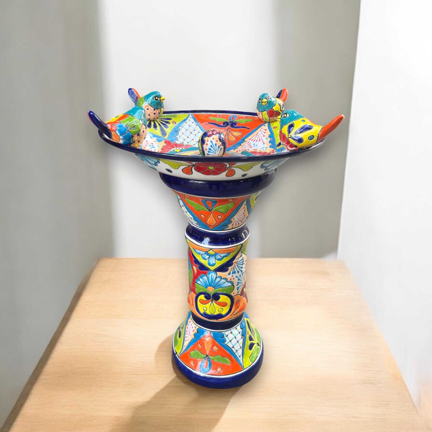 Handmade Talavera Bird Bath Fountain | Mexican Ceramic Art - hand-painted cobalt blue Talavera bird bath fountain on pedestal