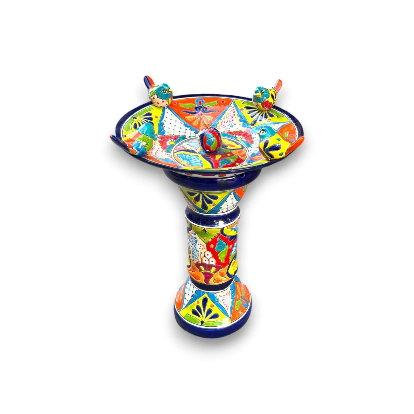 Handmade Talavera Bird Bath Fountain | Mexican Ceramic Art - cobalt blue hand-painted ceramic bird bath fountain with colorful Talavera motifs