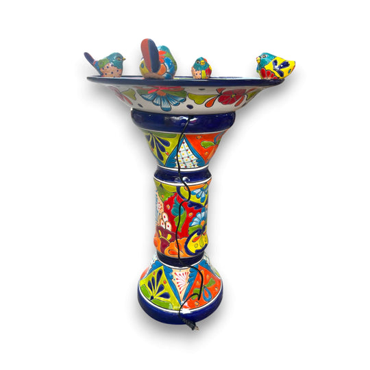 Handmade Talavera Bird Bath Fountain | Mexican Ceramic Art - cobalt blue hand-painted ceramic wall bird bath with colorful birds