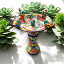 Handmade Talavera Bird Bath Fountain | Mexican Ceramic Art - cobalt blue hand-painted ceramic bird bath with colorful birds