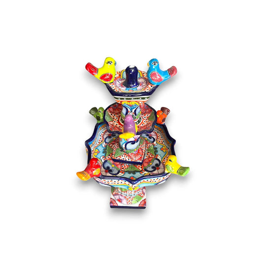 Handmade Talavera Bird Fountain | Authentic Outdoor Water Fountain (27” Tall - colorful hand-painted Mexican bird fountain