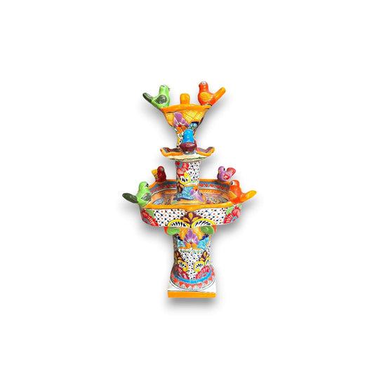 Handmade Talavera Bird Fountain | Authentic Outdoor Water Fountain (27” Tall - colorful hand-painted three-tier bird garden fountain)