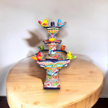 Handmade Talavera Bird Fountain | Authentic Outdoor Water Fountain (27” Tall - colorful hand-painted ceramic bird fountain on wooden table