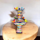 Handmade Talavera Bird Fountain | Authentic Outdoor Water Fountain (27” Tall - colorful hand-painted ceramic bird fountain on wooden table