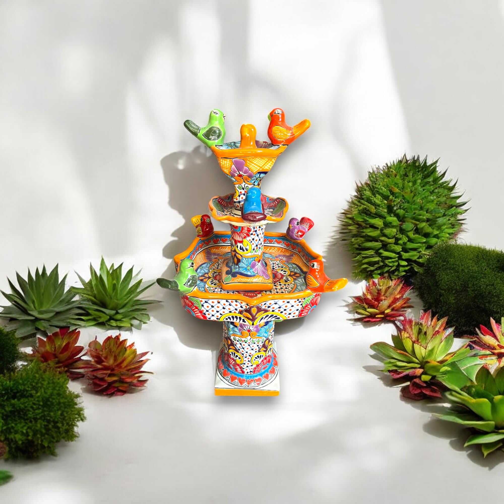 Handmade Talavera Bird Fountain - 27" Outdoor Art