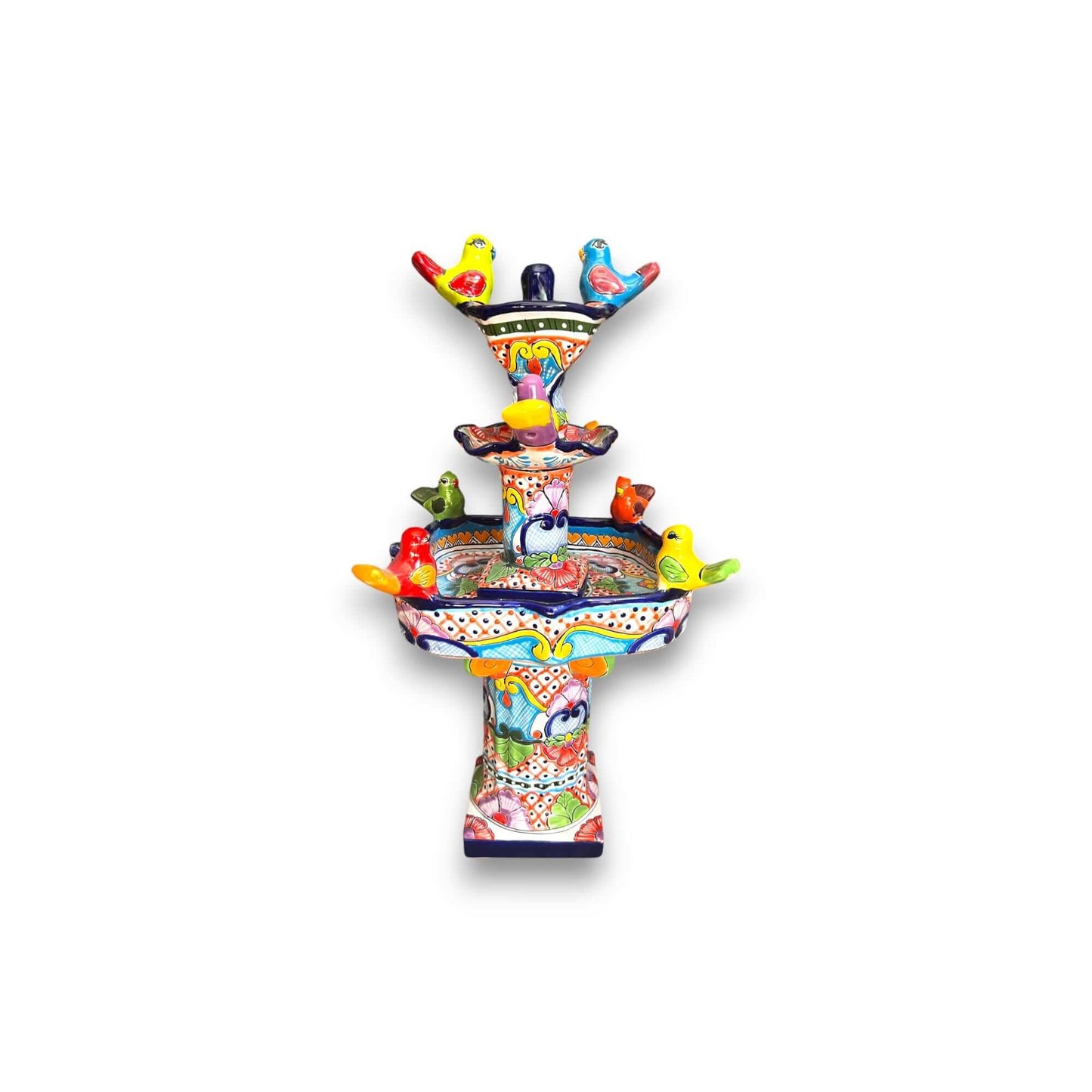 Handmade Talavera Bird Fountain - 27" Outdoor Art